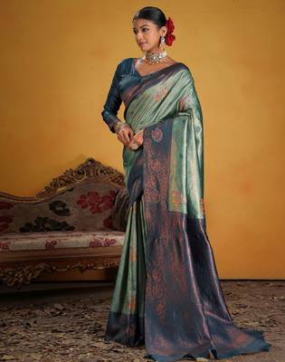 teal art silk blend woven jacquard saree 4