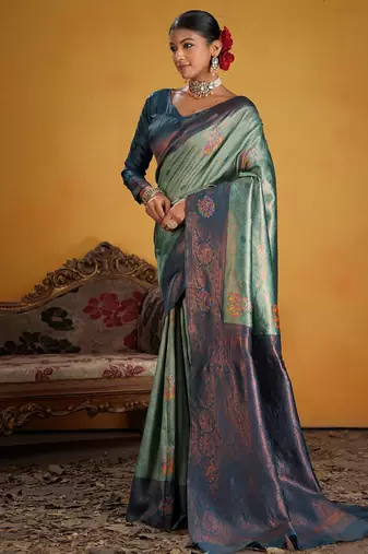 teal art silk blend woven jacquard saree