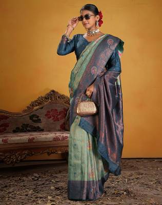 teal art silk blend woven jacquard saree 5
