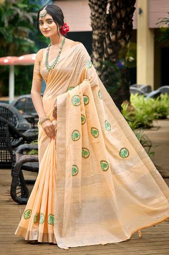 peach color linen fabric woven designer saree with floral embroidered work