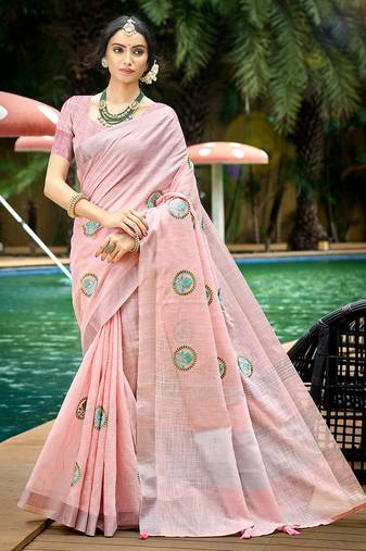 light pink color linen fabric woven designer saree with floral embroidered work