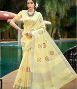 yellow color linen fabric woven designer saree with floral embroidered work
