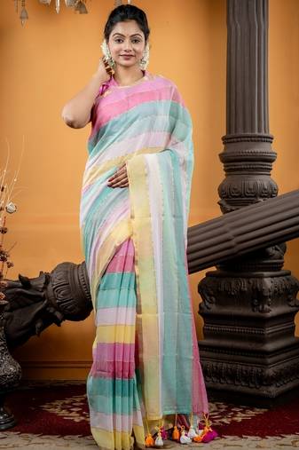 multicolor woven cotton zari work all seasons sarees