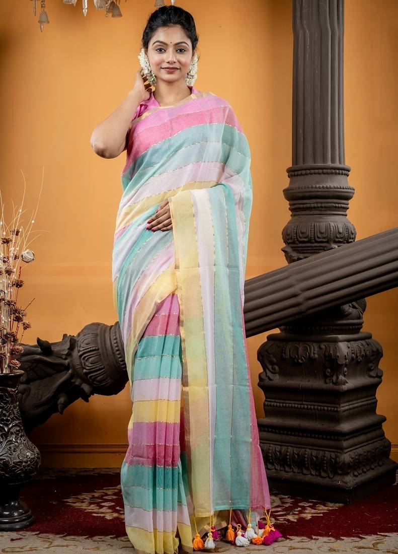 multicolor woven cotton zari work all seasons sarees
