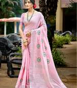 baby pink color linen fabric woven designer saree with floral embroidered work