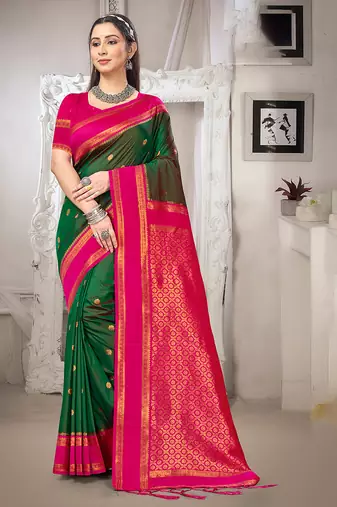 green color art silk blended woven designer ethnic partywear saree