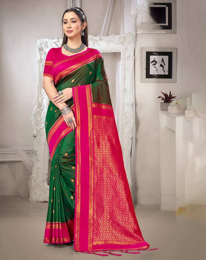 green color art silk blended woven designer ethnic partywear saree