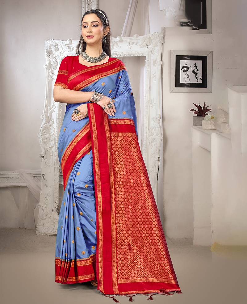 blue color art silk blended woven designer ethnic partywear saree