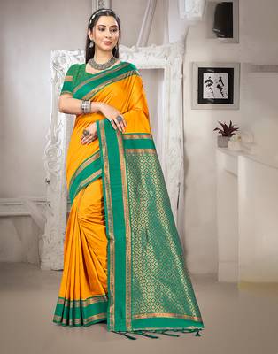yellow art silk blend woven ethnic partywear saree 1