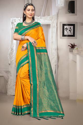 yellow color art silk blended woven designer ethnic partywear saree