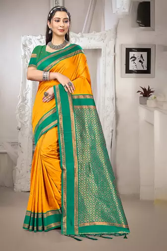 yellow color art silk blended woven designer ethnic partywear saree