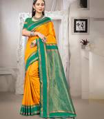 yellow color art silk blended woven designer ethnic partywear saree