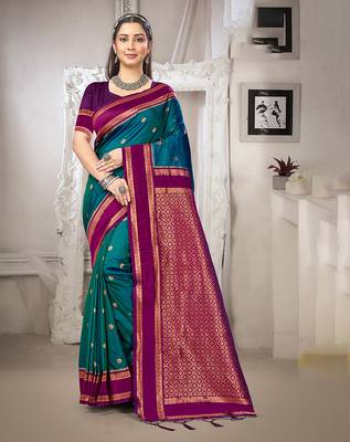 teal blue art silk blend woven ethnic partywear saree 1