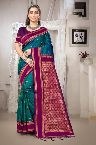 teal blue color art silk blended woven designer ethnic partywear saree