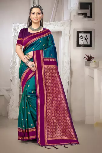 teal blue color art silk blended woven designer ethnic partywear saree