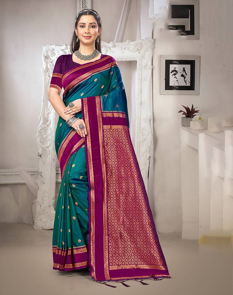 teal blue color art silk blended woven designer ethnic partywear saree