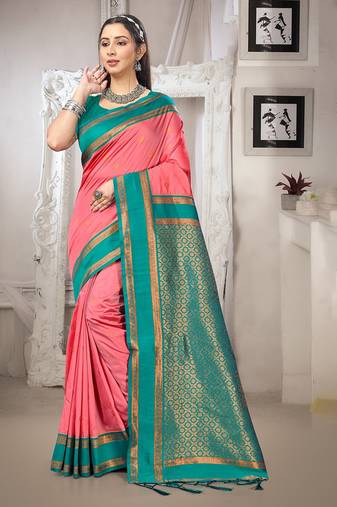 dark peach color art silk blended woven designer ethnic partywear saree