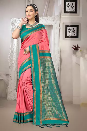 dark peach color art silk blended woven designer ethnic partywear saree