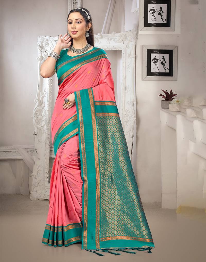 dark peach color art silk blended woven designer ethnic partywear saree