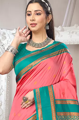 dark peach art silk blend woven ethnic partywear saree