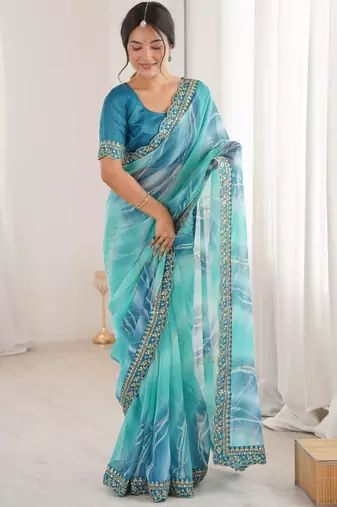 sky blue color georgette chiffon fabric saree with designer festive looks saree