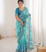 sky blue color georgette chiffon fabric saree with designer festive looks saree