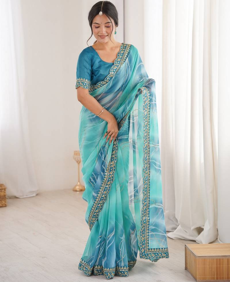 sky blue color georgette chiffon fabric saree with designer festive looks saree