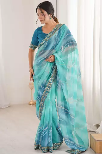 sky blue georgette chiffon saree with festive looks saree