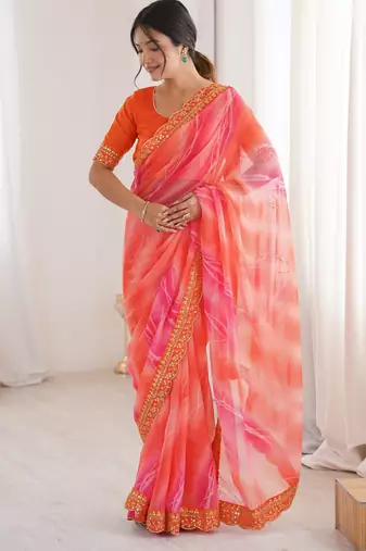 orange color georgette chiffon fabric saree with designer festive looks saree
