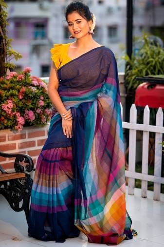 multicolor woven cotton bengal handloom all seasons sarees