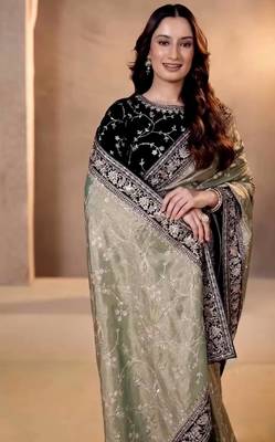 Blue Color Jari,Sequins And Embroidery Vlevet Fabric Lace Work Silk Saree 1