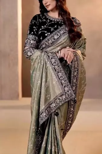 Blue Color Jari,Sequins And Embroidery Vlevet Fabric Lace Work Silk Saree