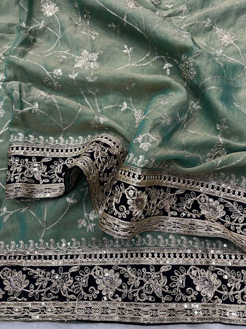 Blue Color Jari,Sequins And Embroidery Vlevet Fabric Lace Work Silk Saree