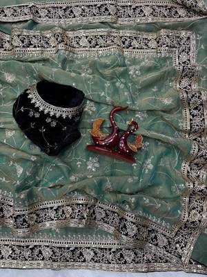 Blue Color Jari,Sequins And Embroidery Vlevet Fabric Lace Work Silk Saree 5