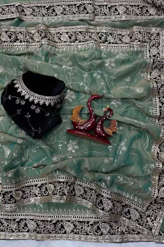 Blue Color Jari,Sequins And Embroidery Vlevet Fabric Lace Work Silk Saree