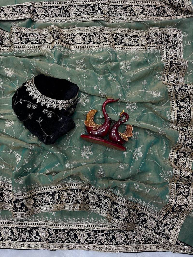 Blue Color Jari,Sequins And Embroidery Vlevet Fabric Lace Work Silk Saree