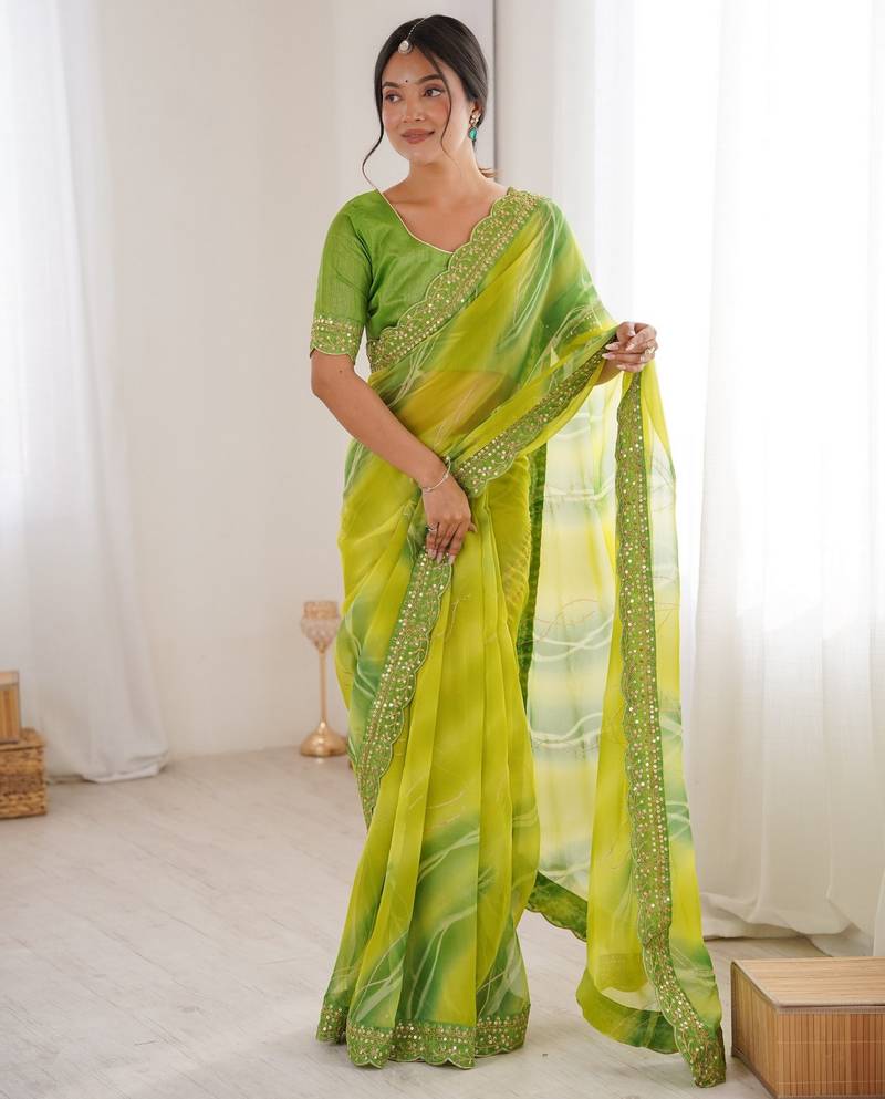 mahendi color georgette chiffon fabric saree with designer festive looks saree