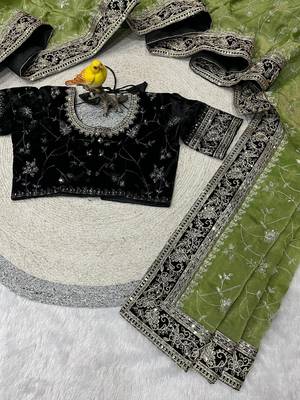 Green Color Jari,Sequins And Embroidery Vlevet Fabric Lace Work Silk Blend Saree 2