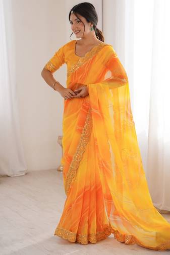 yellow color georgette chiffon fabric saree with designer festive looks saree
