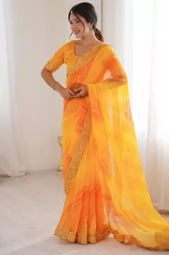 yellow color georgette chiffon fabric saree with designer festive looks saree