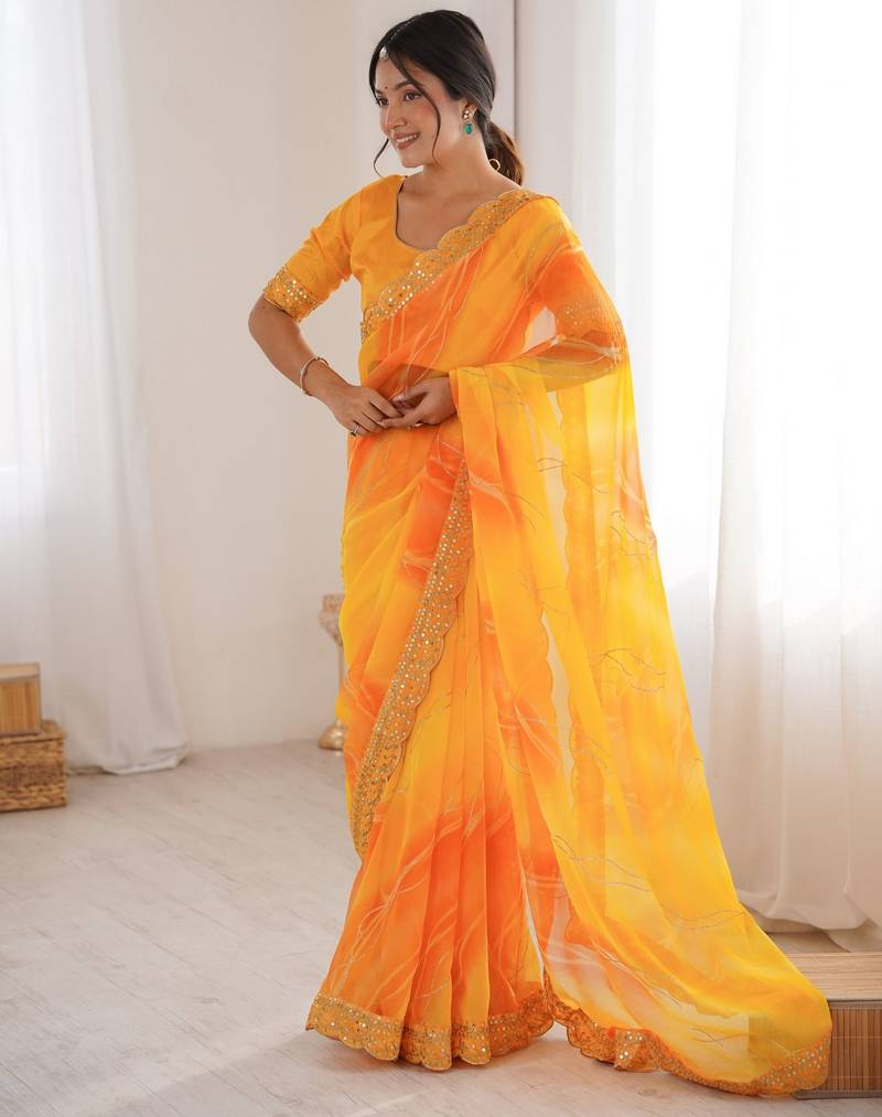 yellow color georgette chiffon fabric saree with designer festive looks saree