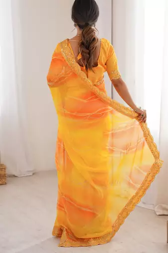 yellow georgette chiffon saree with festive looks saree