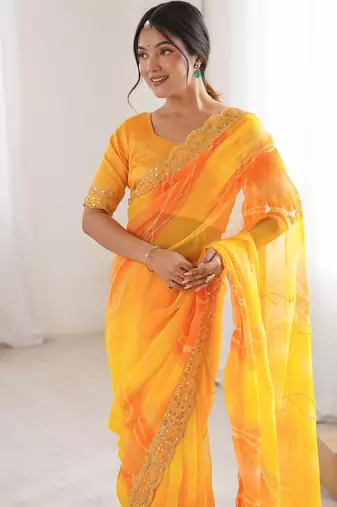 yellow georgette chiffon saree with festive looks saree