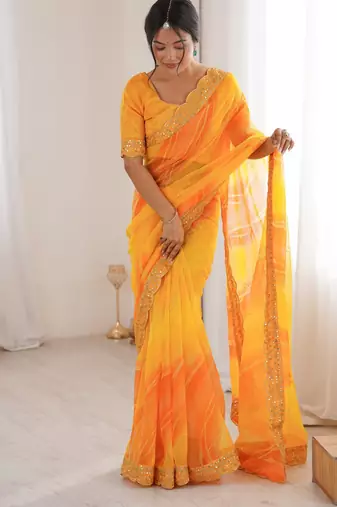 yellow georgette chiffon saree with festive looks saree