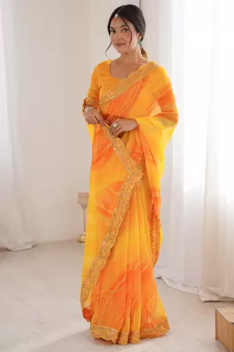 yellow georgette chiffon saree with festive looks saree