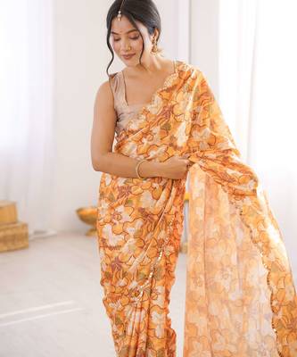 mustard chinon digital print smart ethnic saree 3