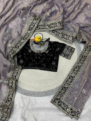 Lavender Color Jari,Sequins And Embroidery Vlevet Fabric Lace Work Silk Blend Saree 1