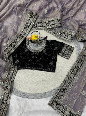 Lavender Color Jari,Sequins And Embroidery Vlevet Fabric Lace Work Silk Blend Saree 2