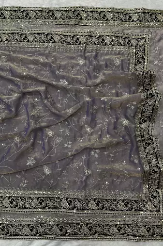 Lavender Color Jari,Sequins And Embroidery Vlevet Fabric Lace Work Silk Blend Saree