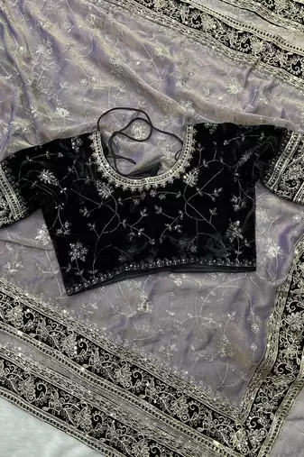 Lavender Color Jari,Sequins And Embroidery Vlevet Fabric Lace Work Silk Blend Saree